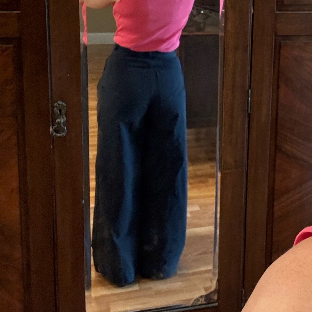 Sophie Rue high waisted, pleated navy trousers